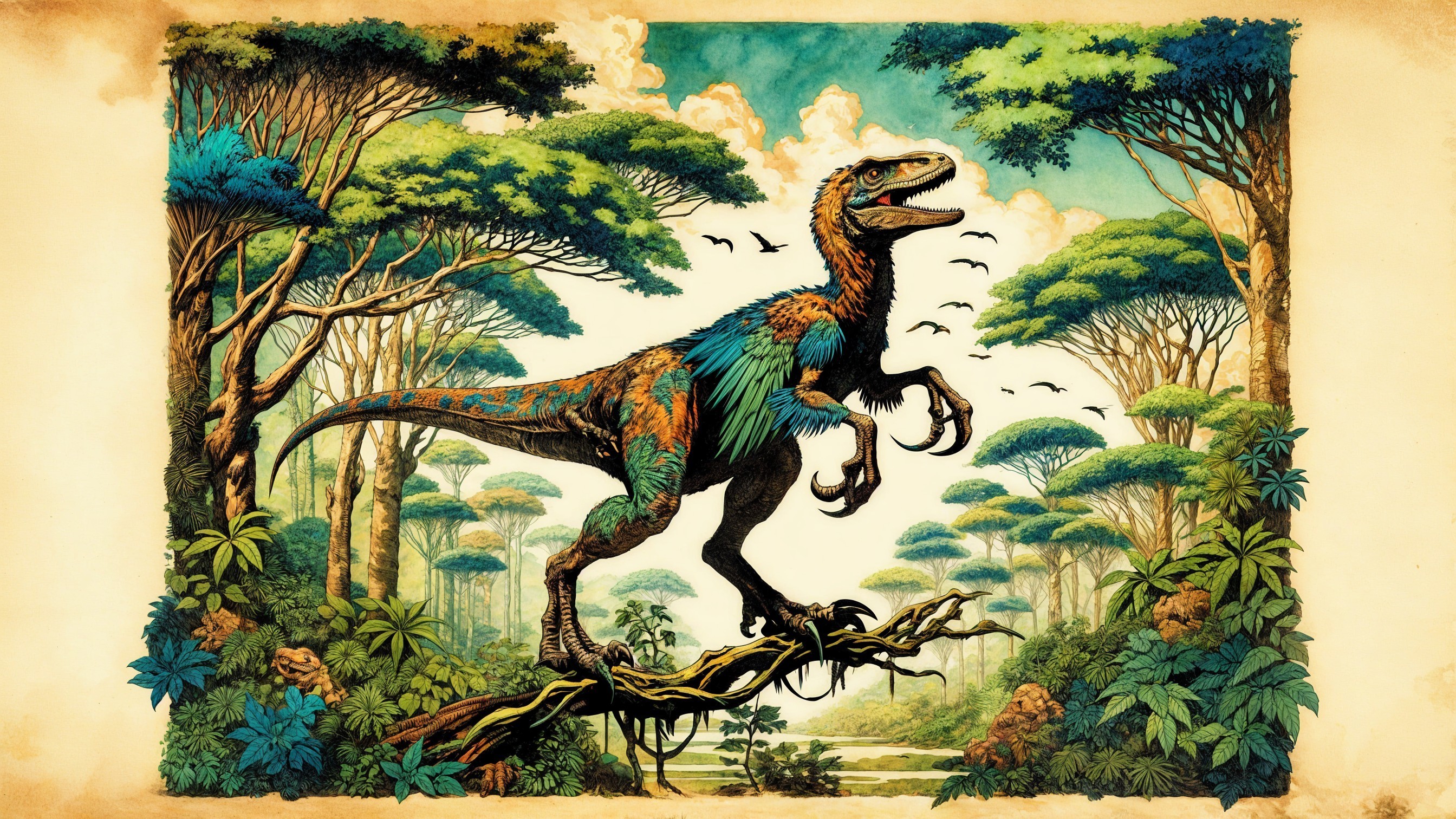 Large Feathered Dinosaur in Prehistoric Jungle Scene