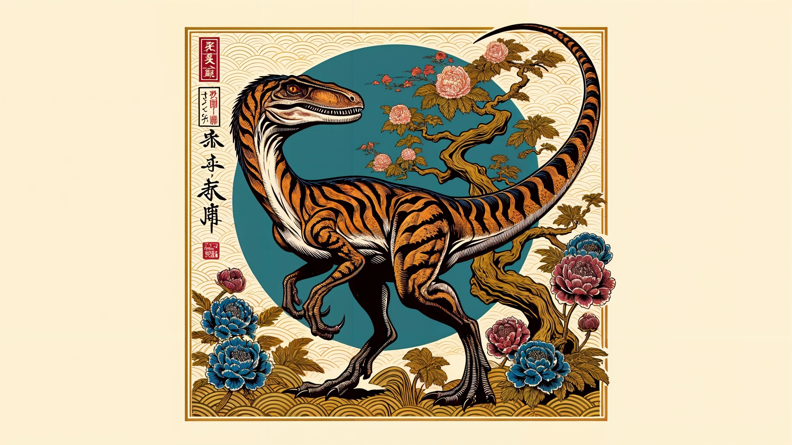 Vibrant Dinosaur with Peonies and Flowing Tree Background