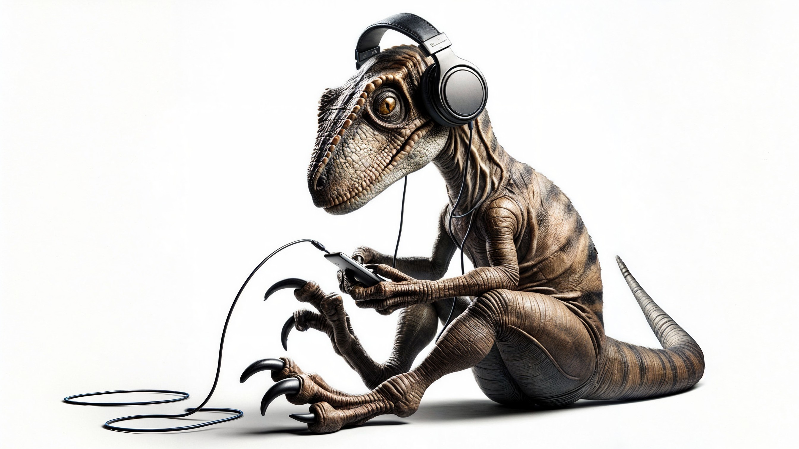 Playful Dinosaur with Headphones and Phone