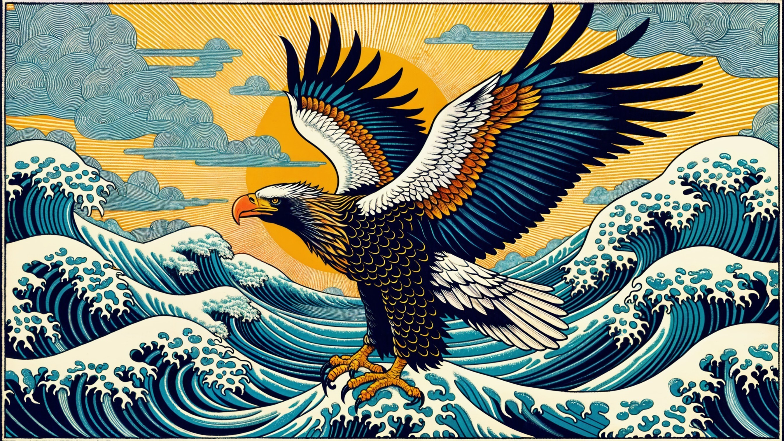 Eagle Soaring Over Waves in Vibrant Colors