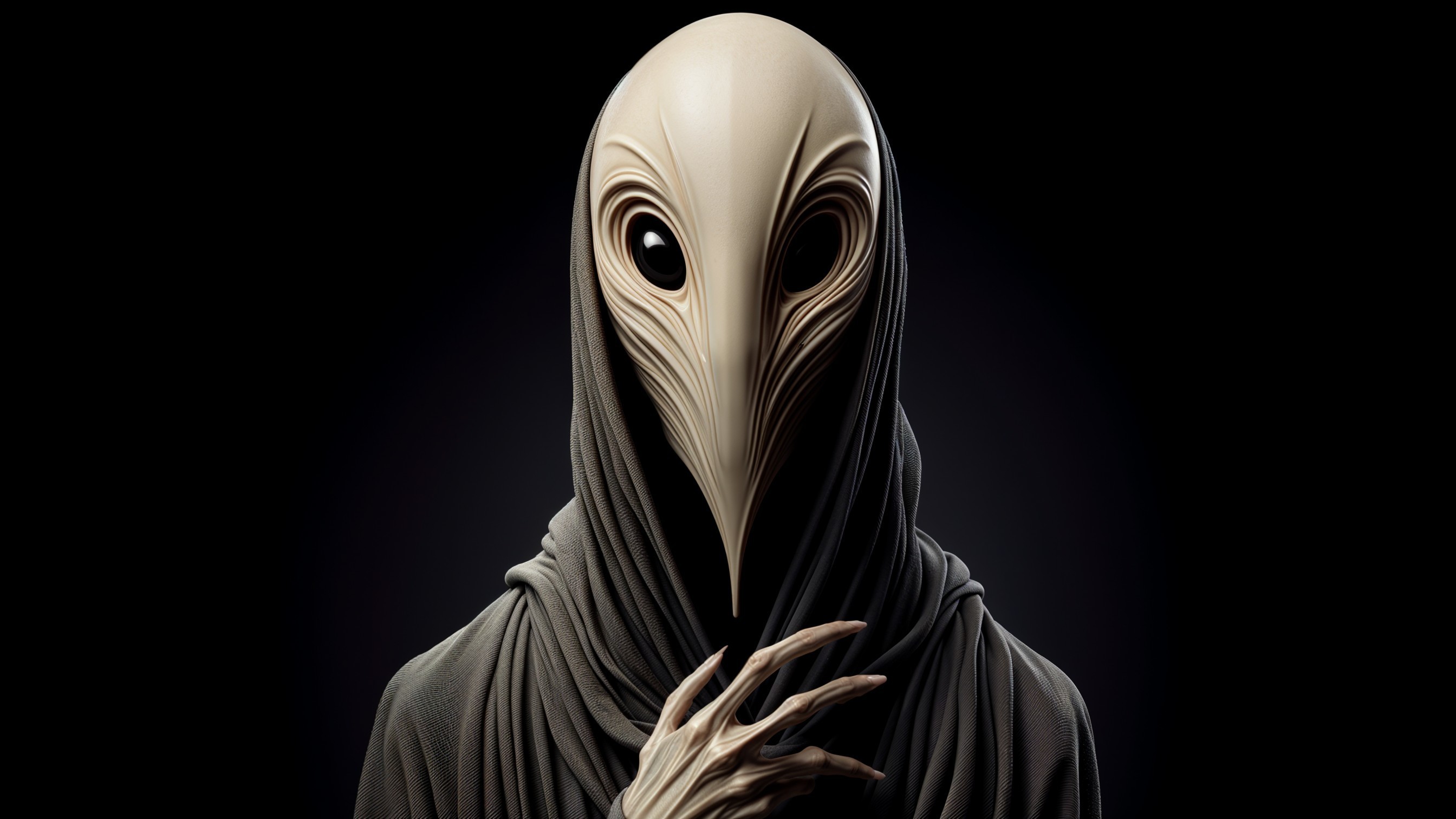 Mysterious Figure in Dark Robe with Alien Features