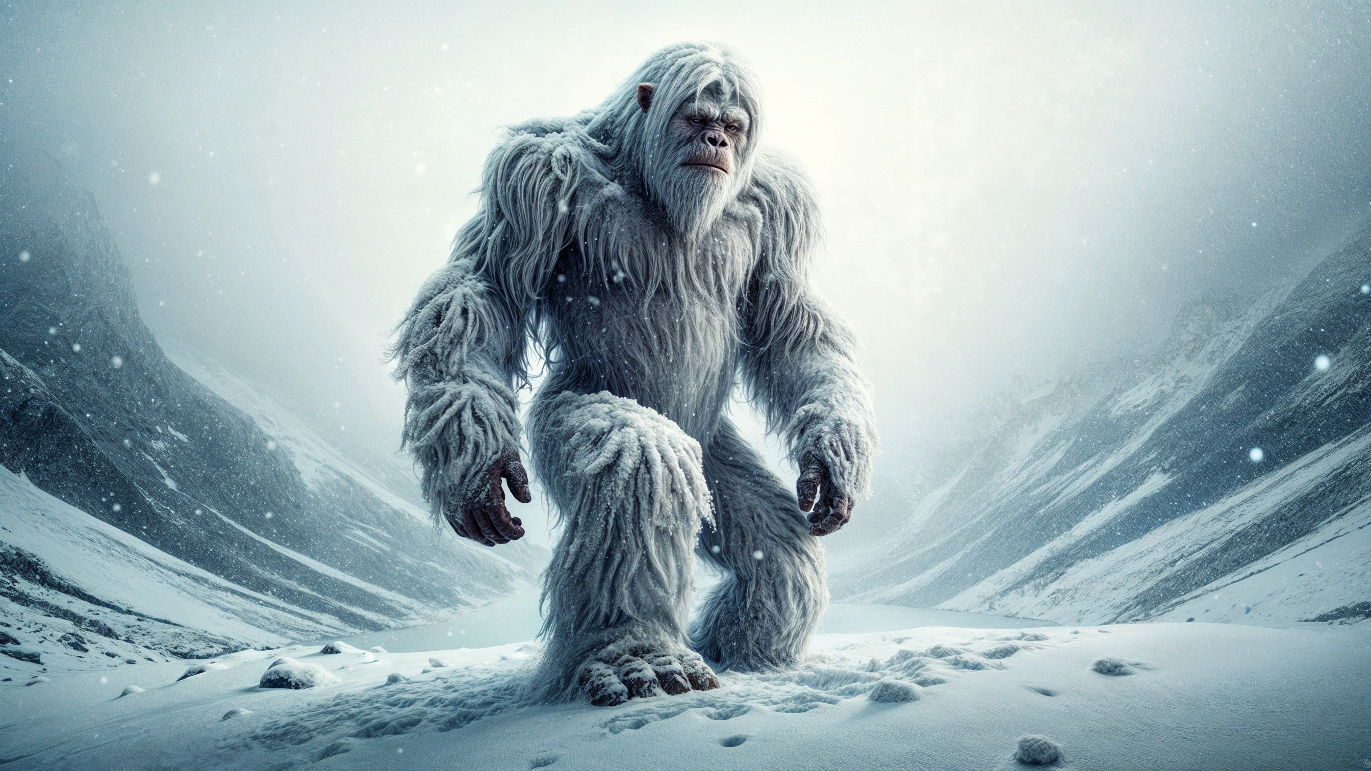 Majestic yeti in snowy mountainous landscape with snowflakes