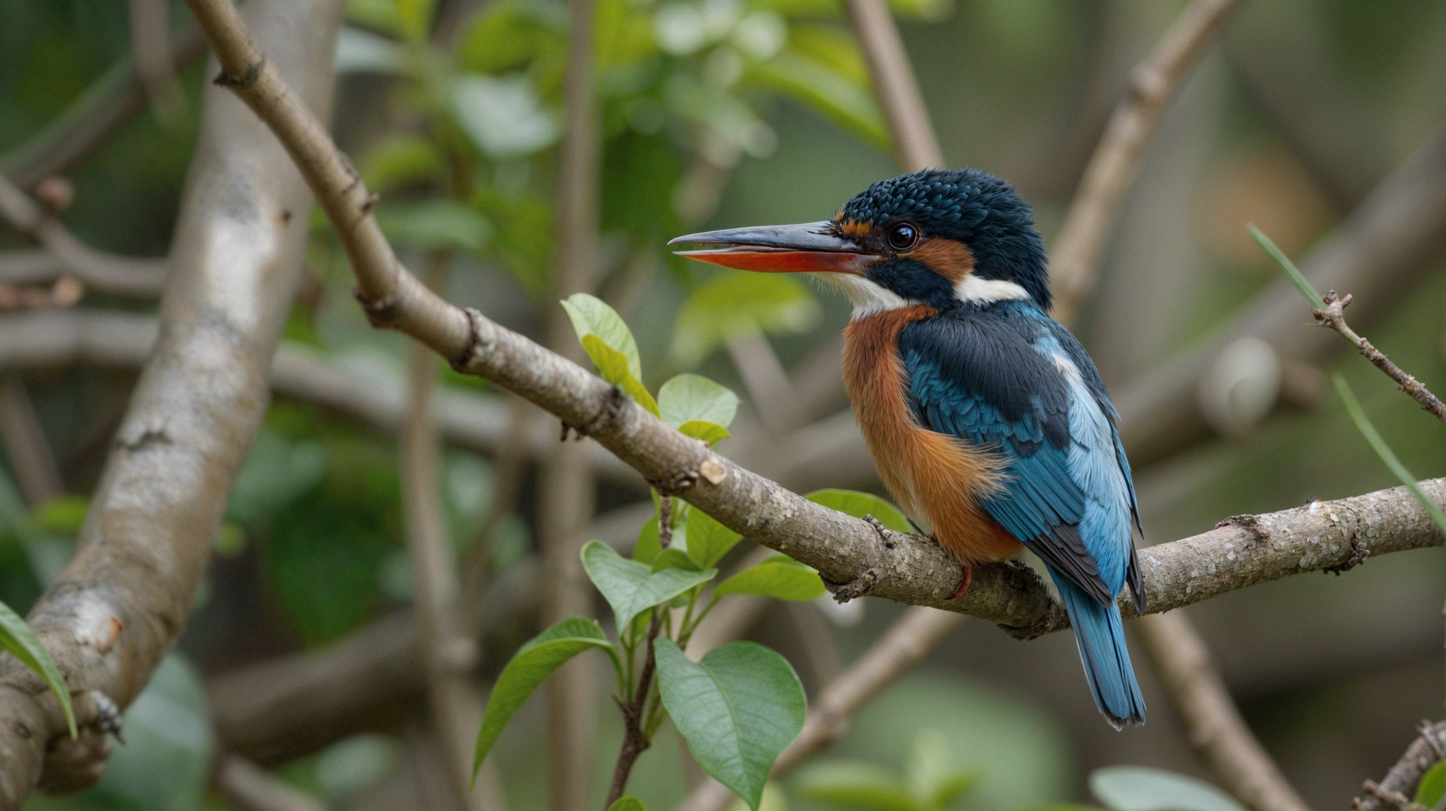 Vibrant Kingfisher Perched on Tree Branch Amidst Foliage