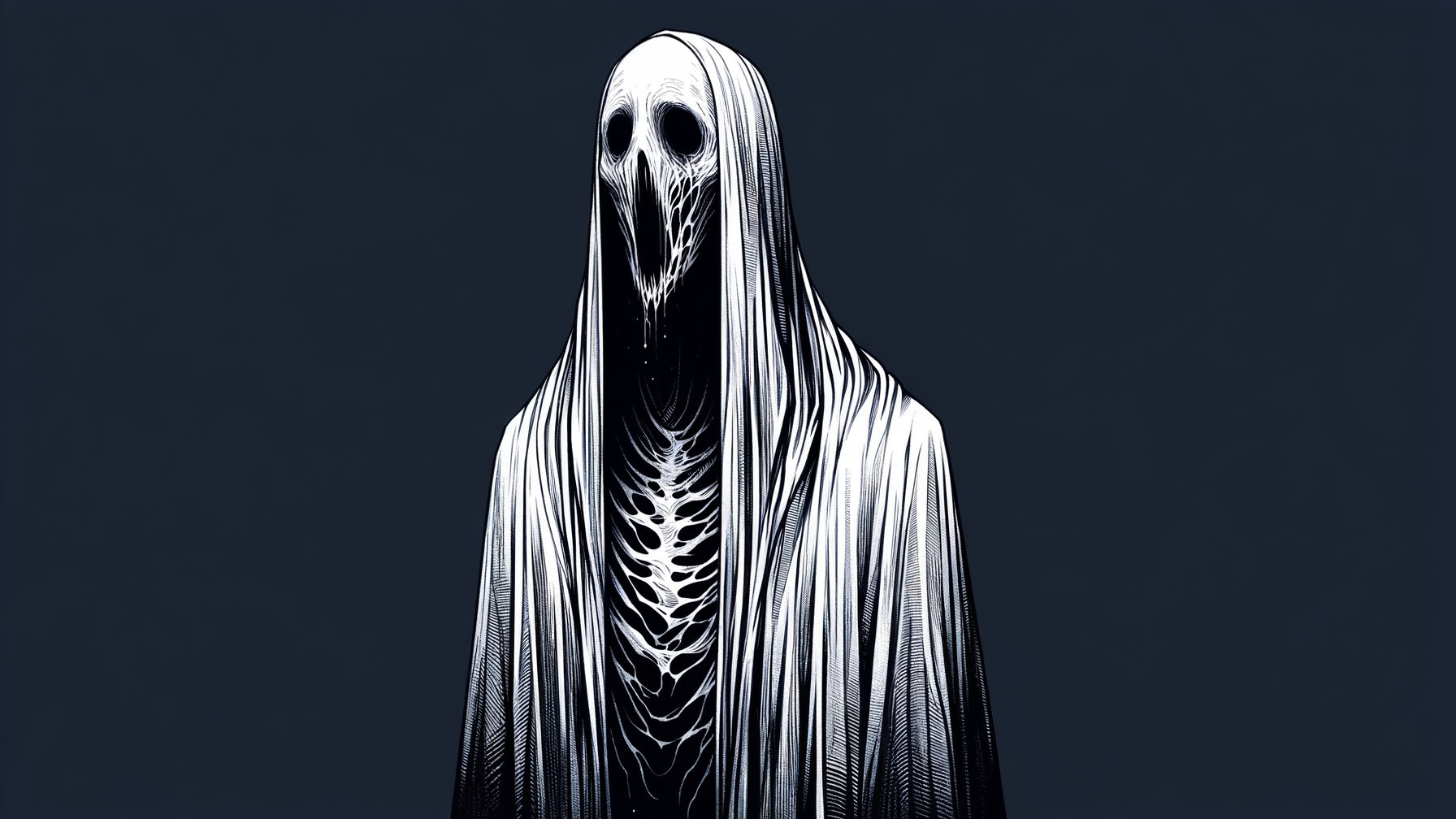 Haunting figure in tattered white fabric against blue background