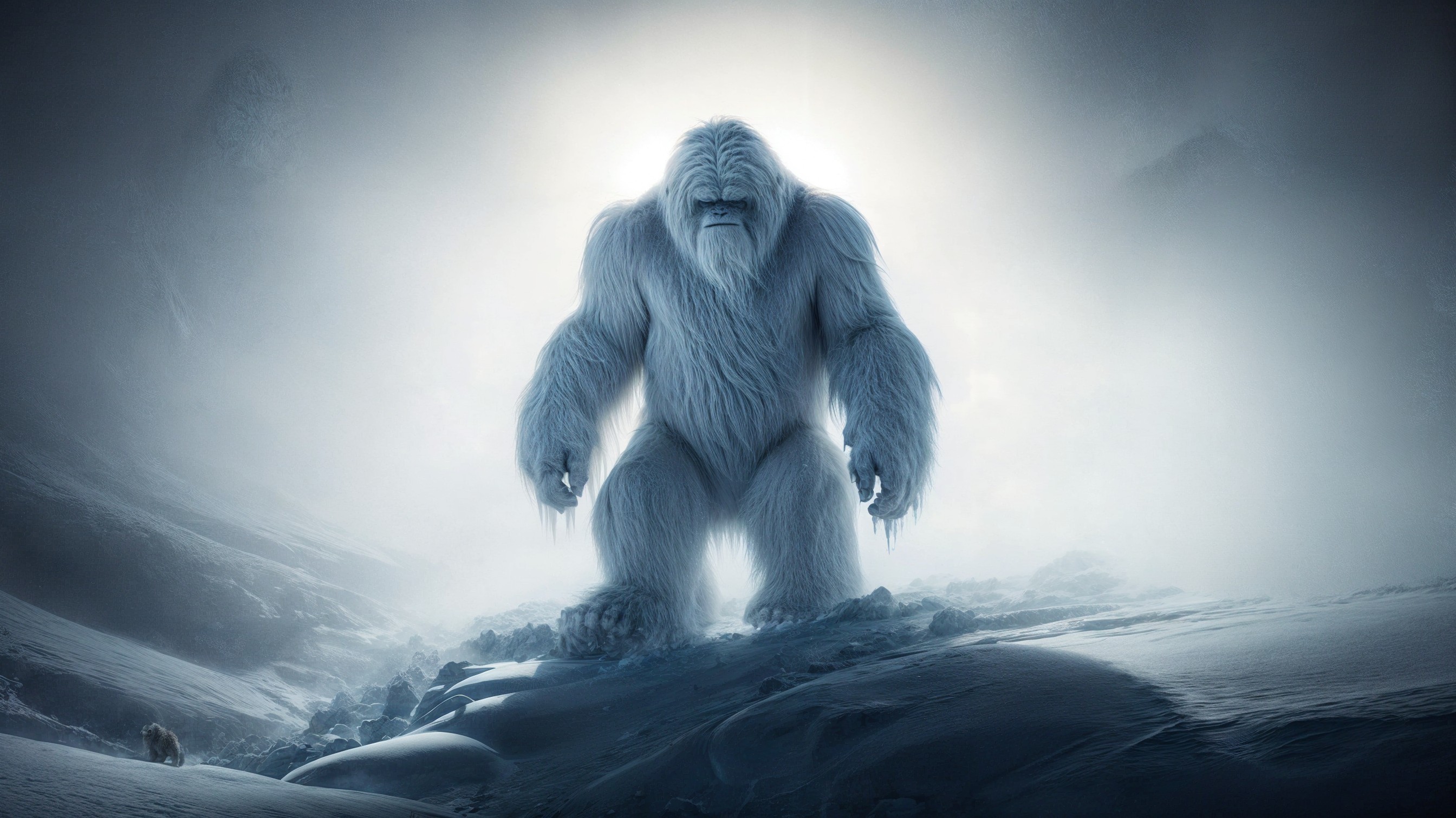 Yeti in Snowy Landscape with Mist and Mystery