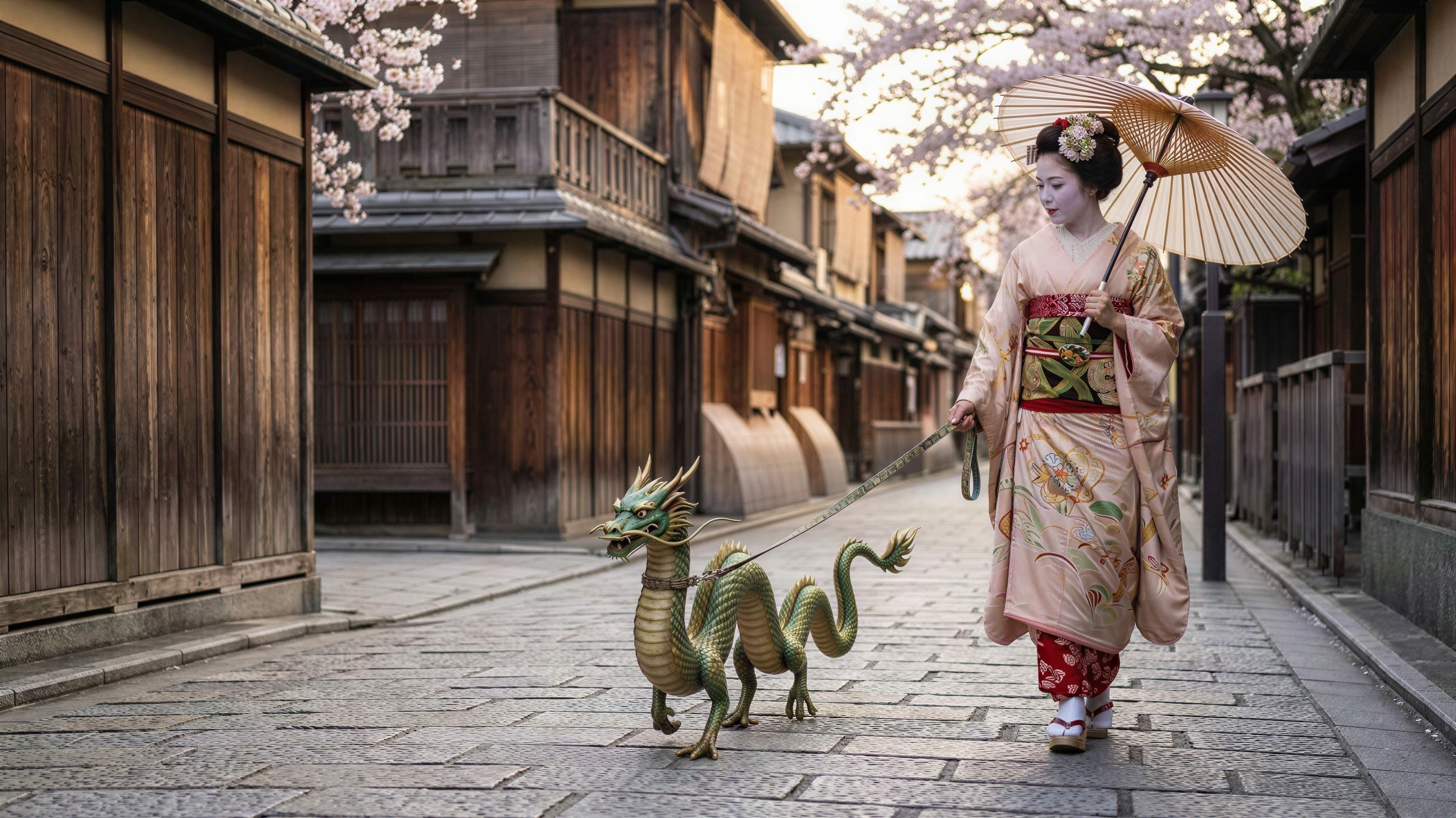 Japanese Woman in Kimono with Dragon on Leash