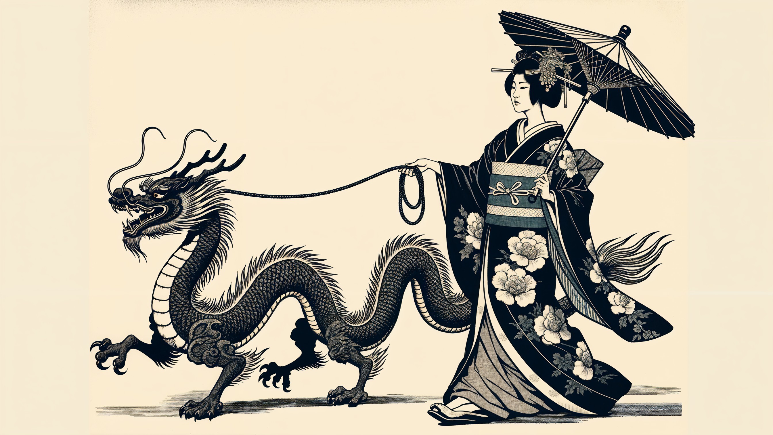Traditional Illustration of Kimono Figure and Dragon