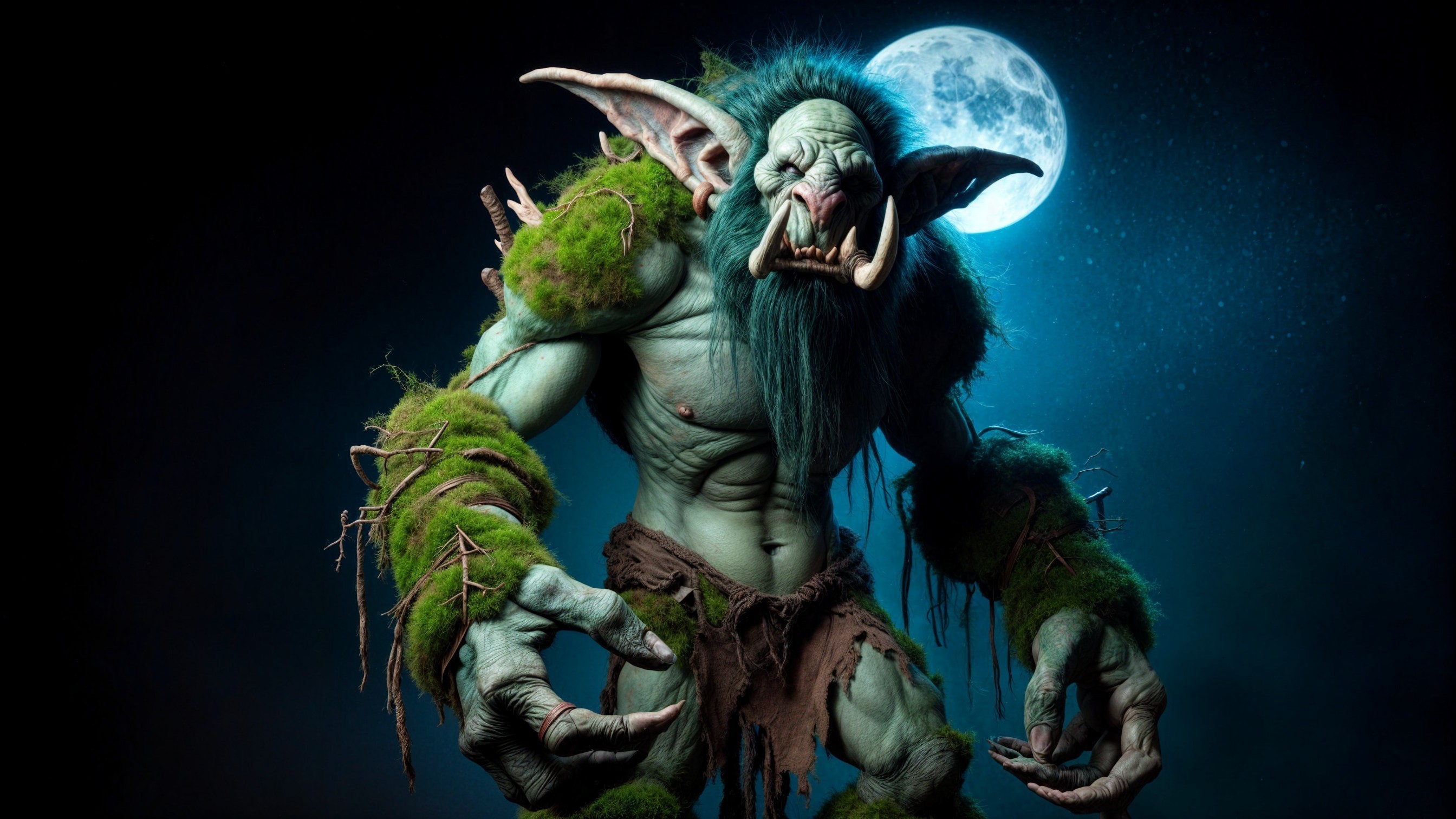 Menacing troll under a full moon with moss-covered arms