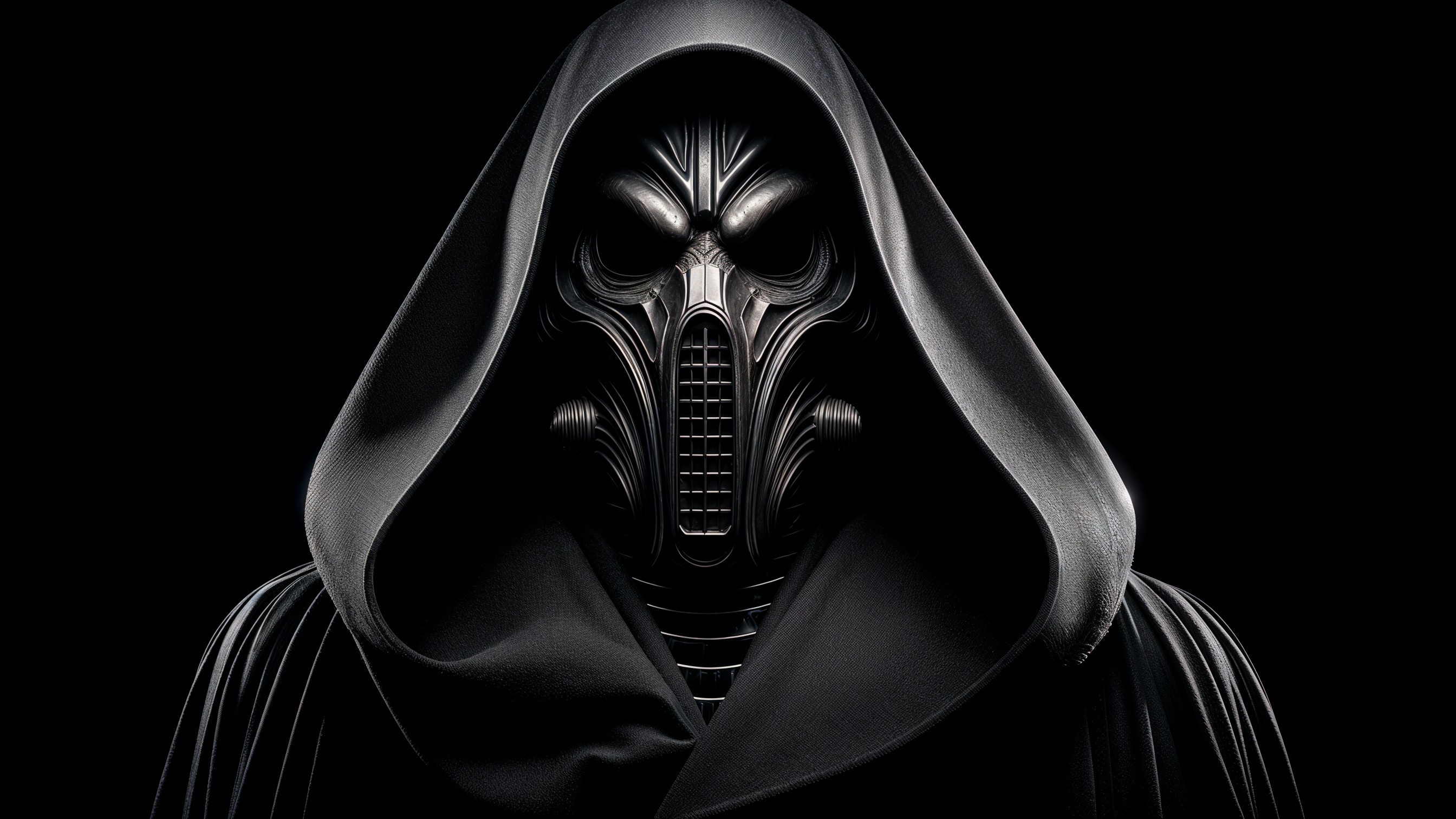 Mysterious Figure in Black Robe and Intricate Mask