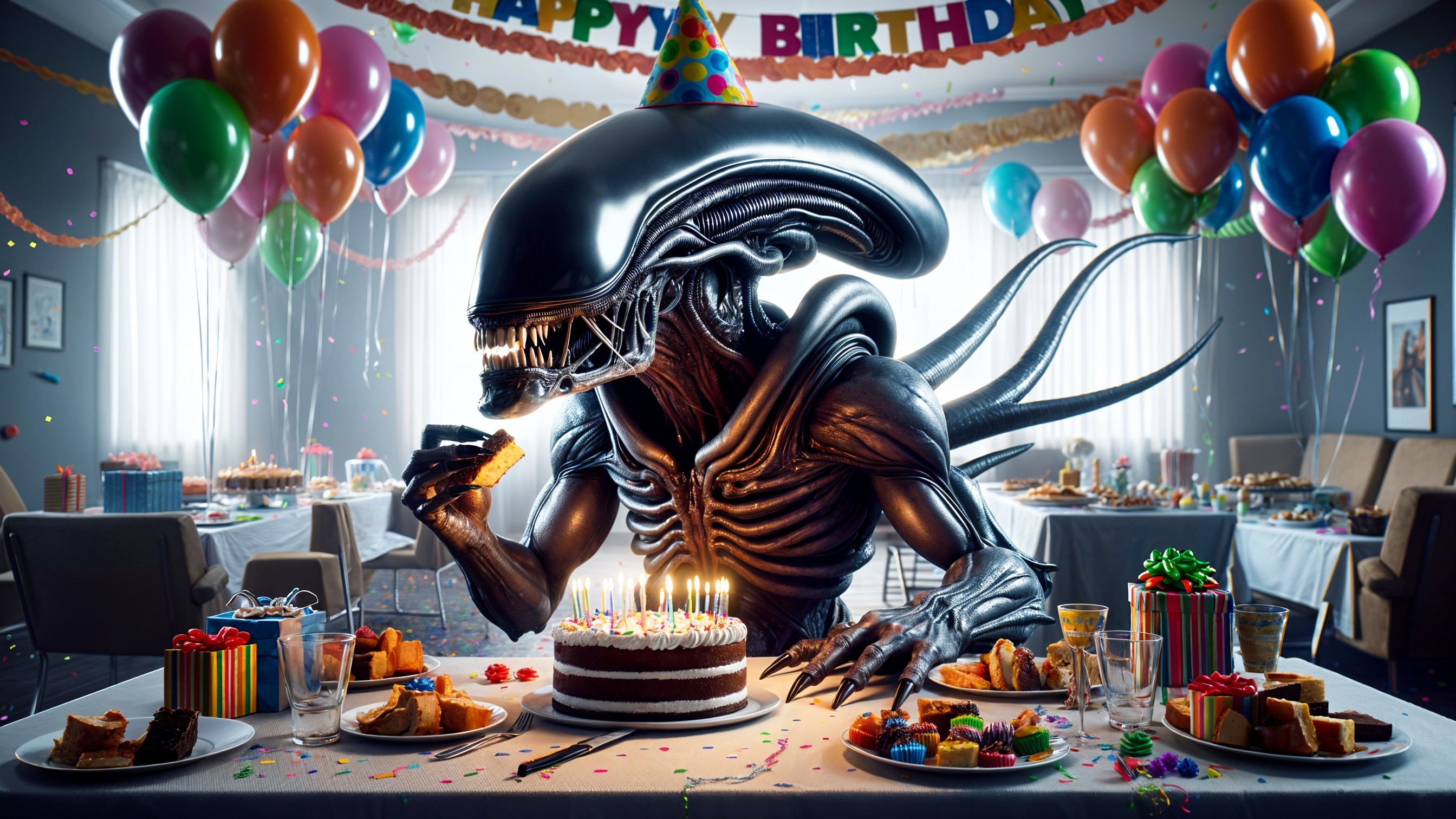 Whimsical Birthday Scene with a Large Creature