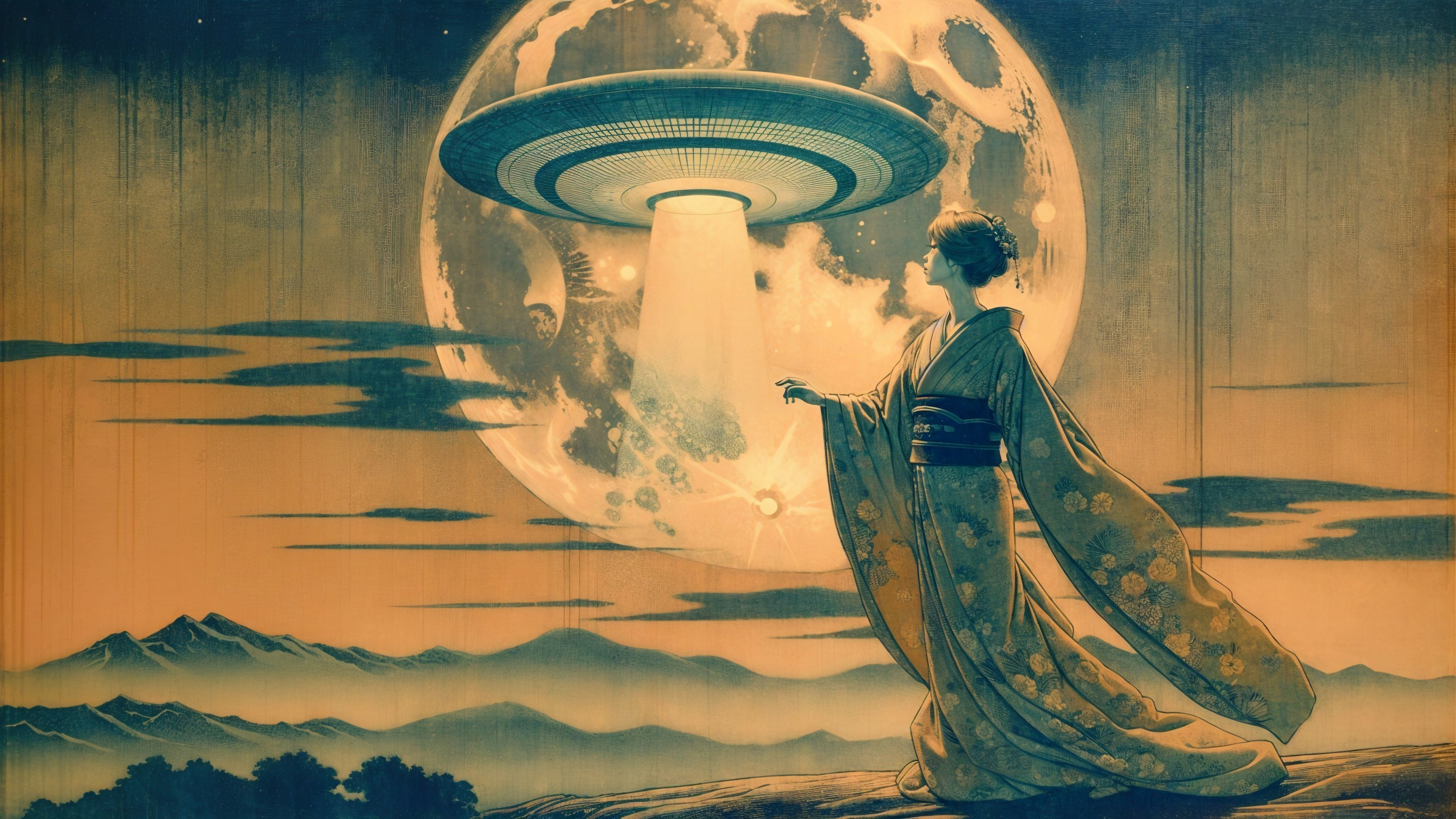 Woman in Kimono Under Moon with Flying Saucer