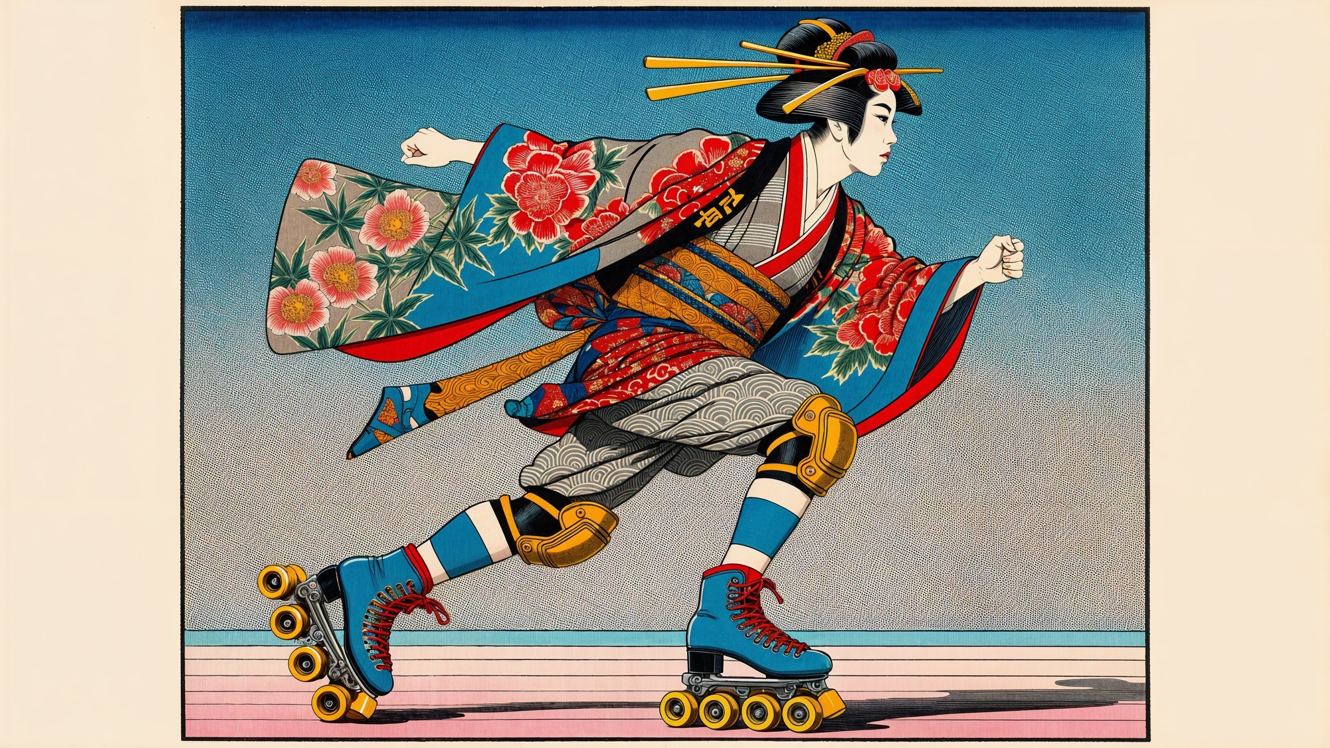 Traditional Geisha Roller Skating in Colorful Kimono
