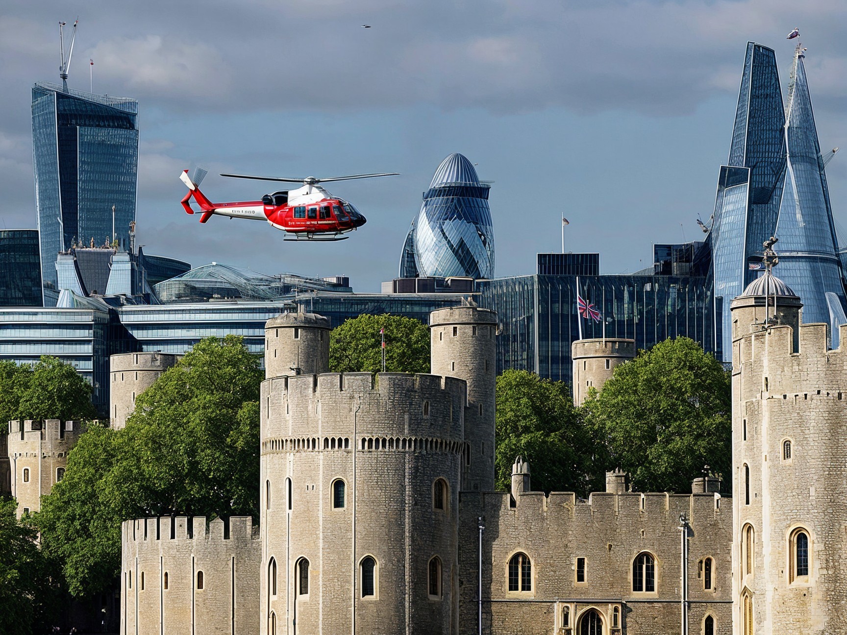 Helicopter Over Tower of London and Modern Skyline