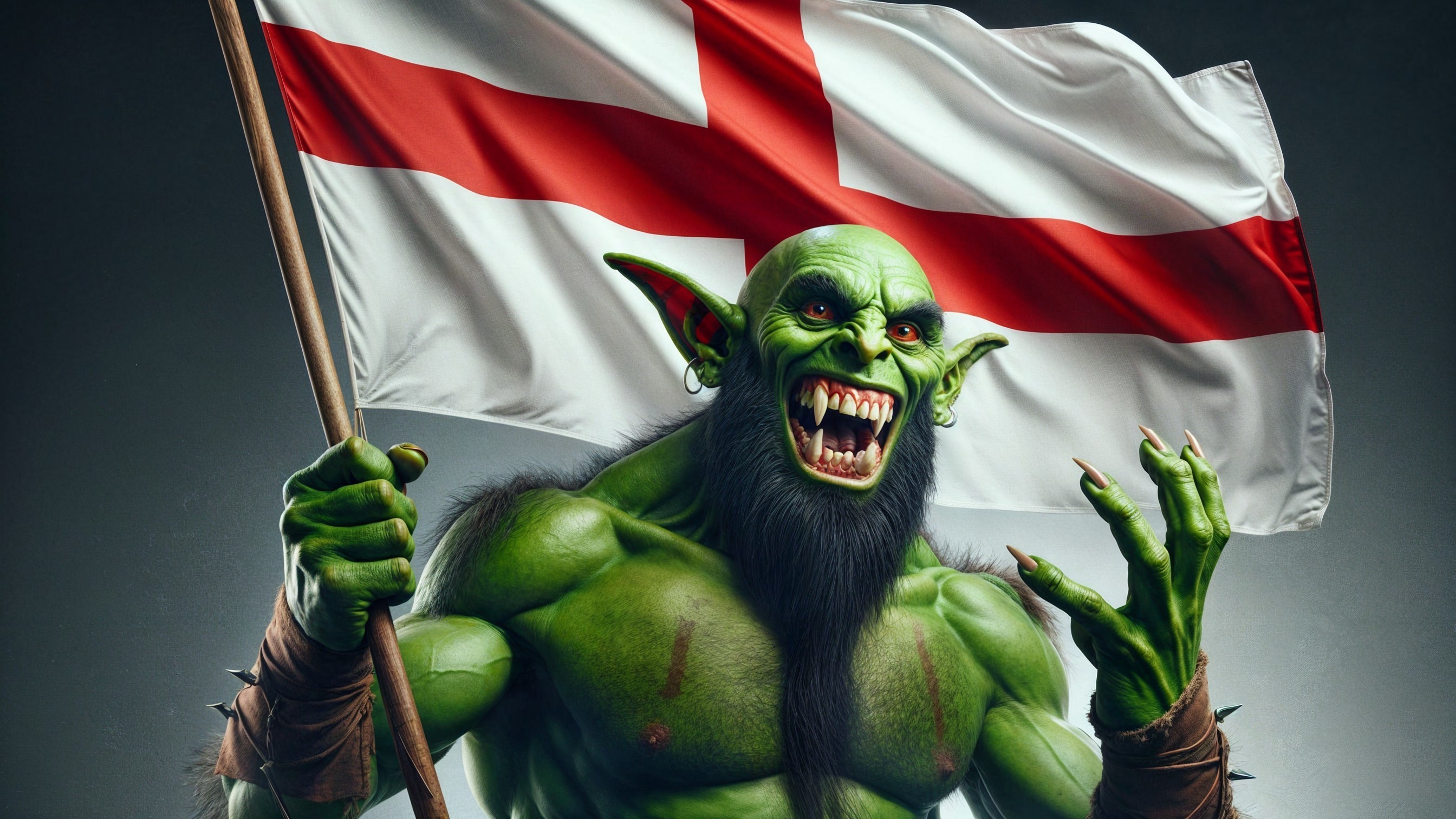 Muscular Green-Skinned Orc with English Flag Symbolism