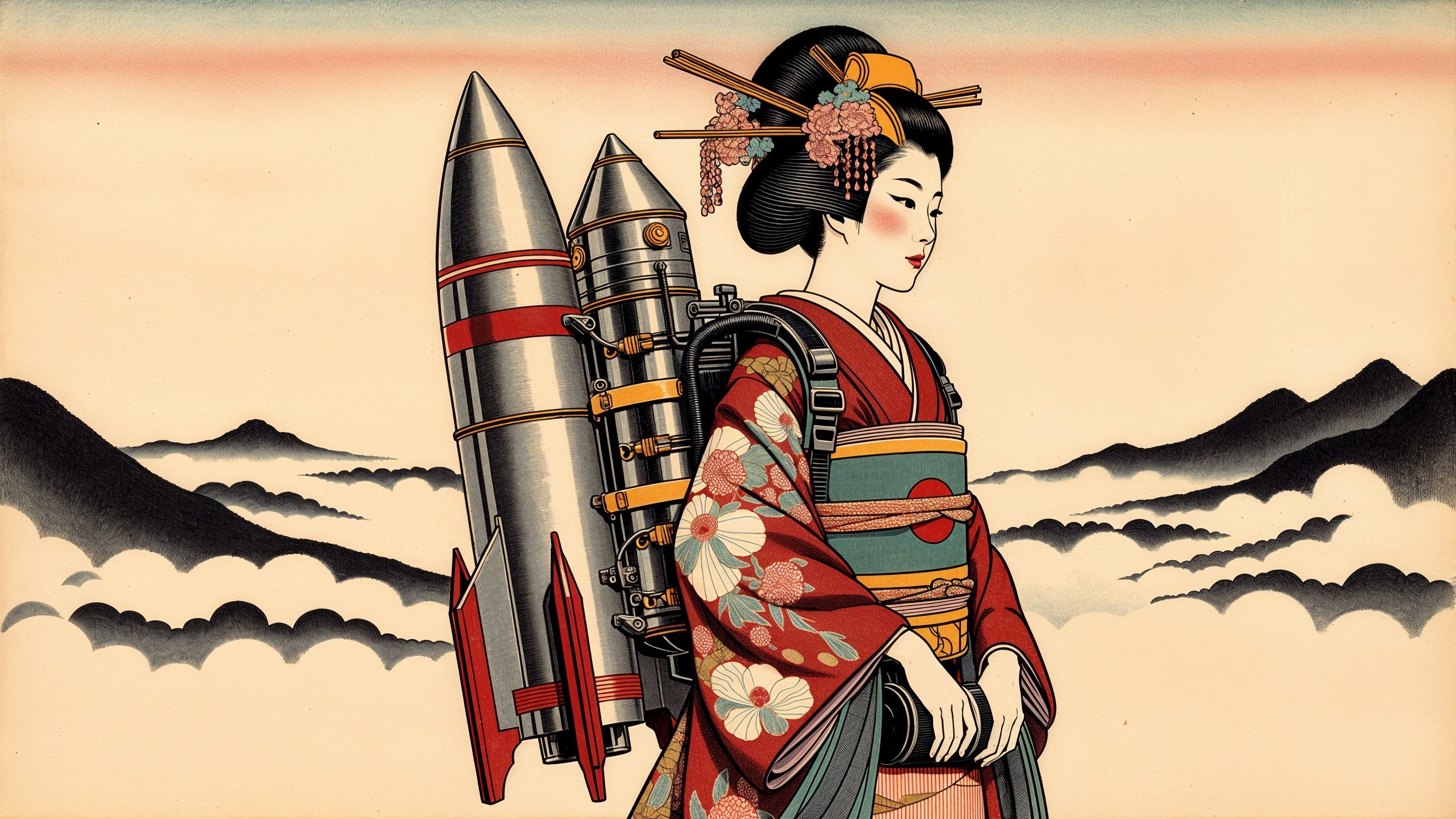 Japanese woman in traditional attire with jetpack