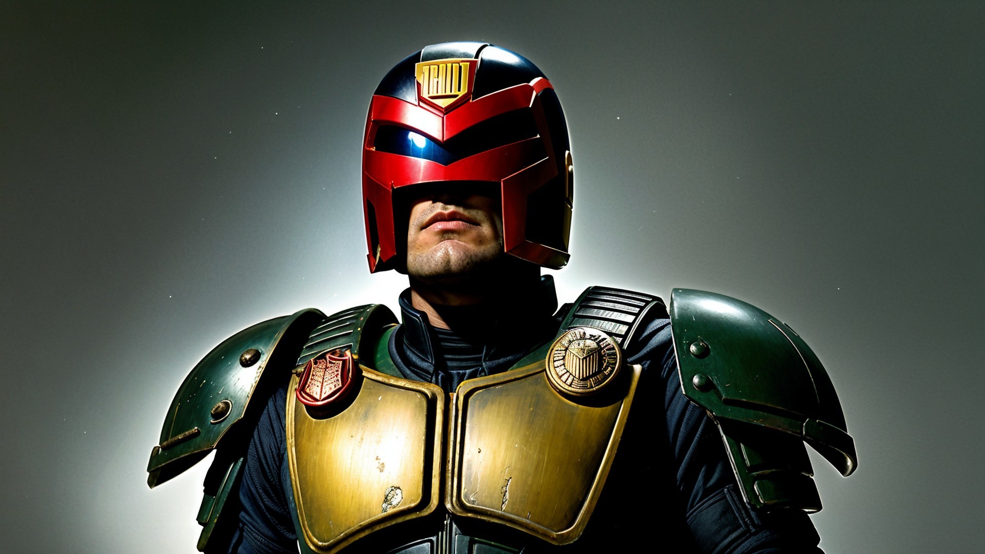 Futuristic Character in Bold Red and Gold Helmet