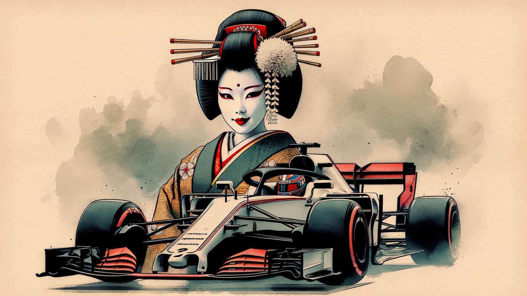 Geisha and Formula 1 Car in Cultural Contrast