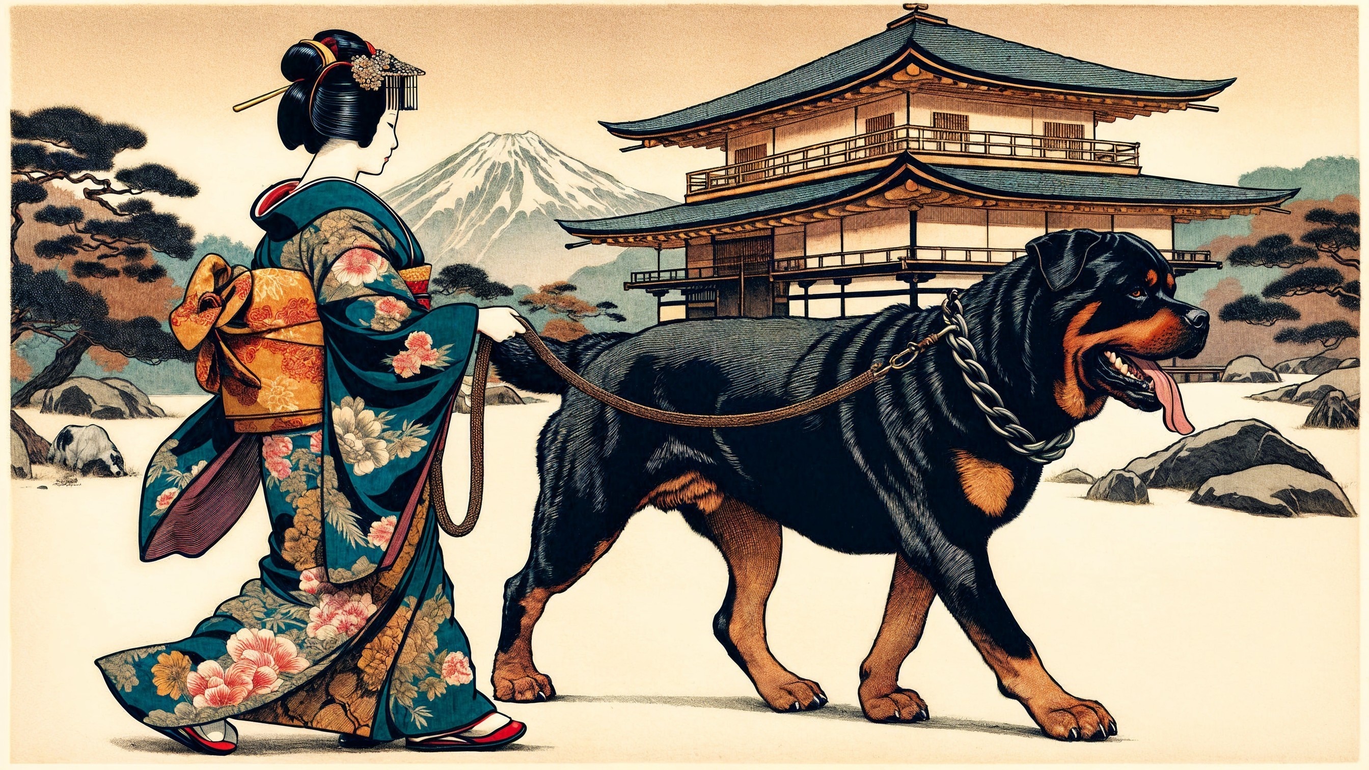 Woman in Kimono Walking Rottweiler by Pagoda