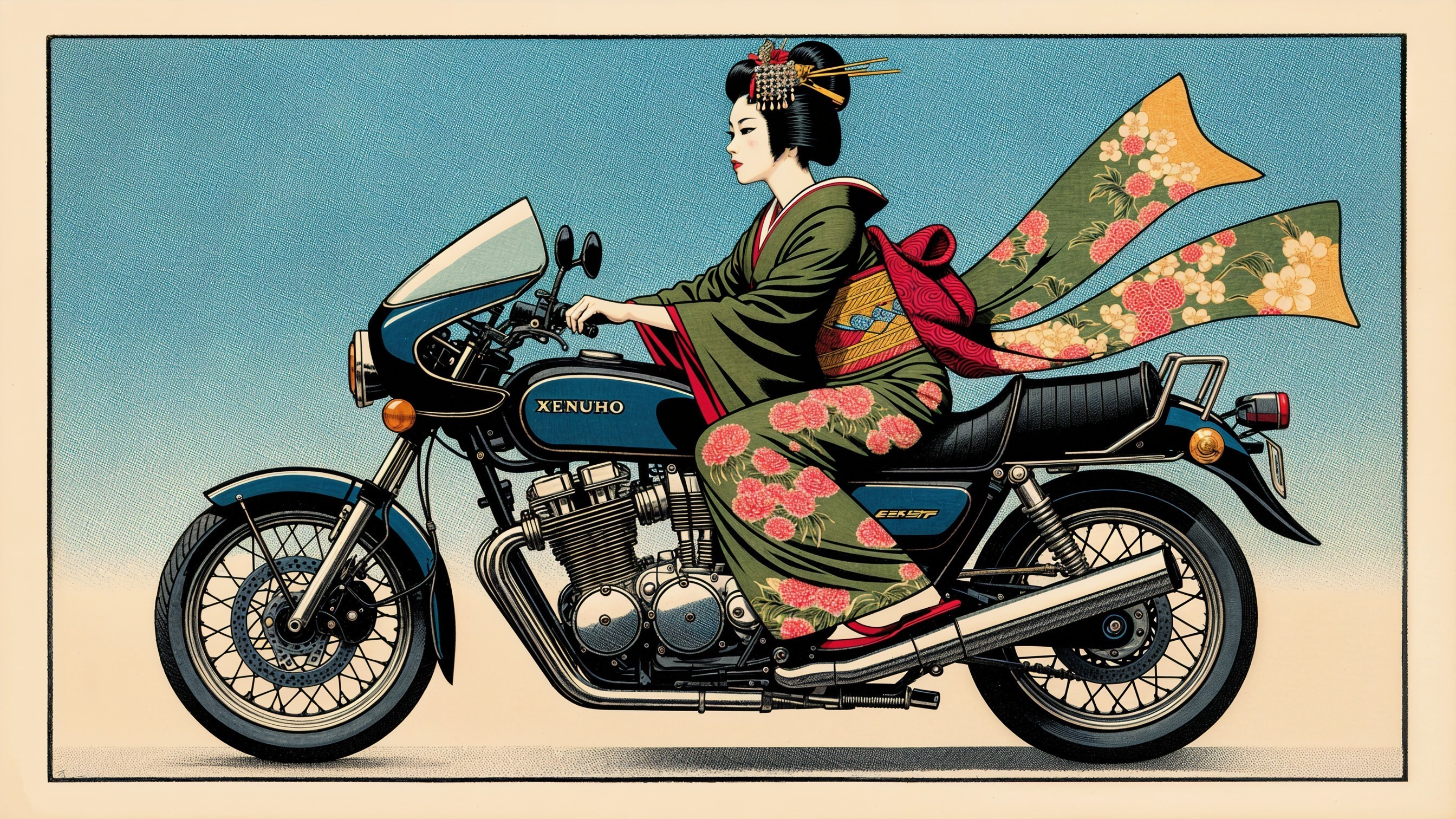 Traditional Japanese Woman in Kimono on Motorcycle