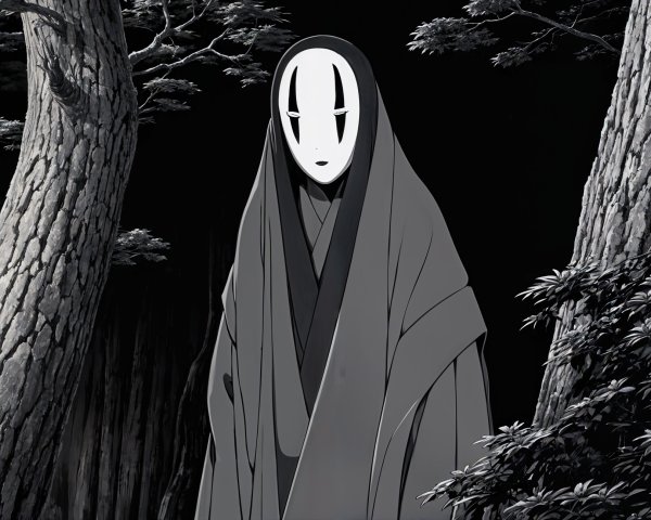 Mysterious Figure in Dark Forest with Mask and Robes