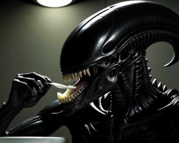 Humanoid Alien Brushing Teeth at Bathroom Sink