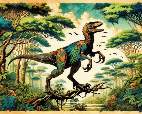 Large Feathered Dinosaur in Prehistoric Jungle Scene