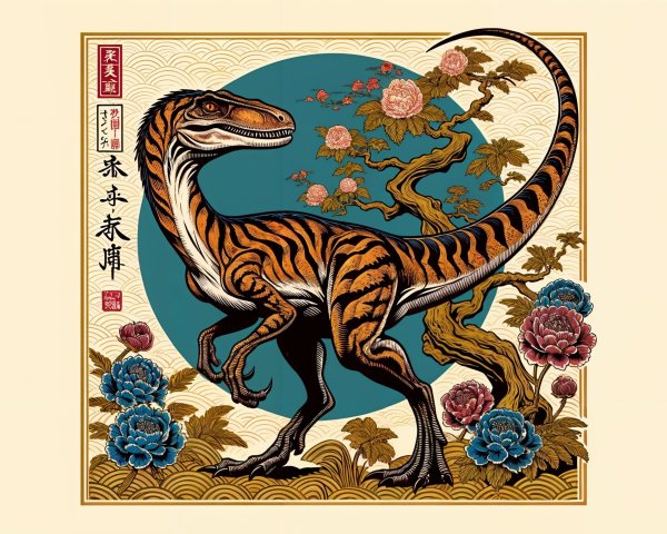 Vibrant Dinosaur with Peonies and Flowing Tree Background