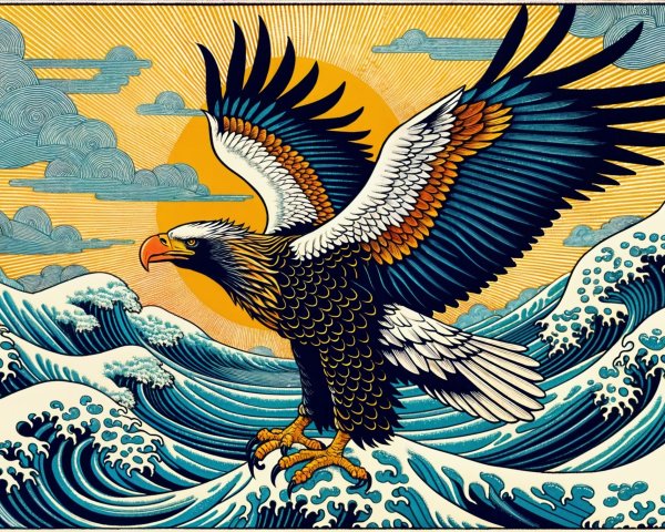 Eagle Soaring Over Waves in Vibrant Colors