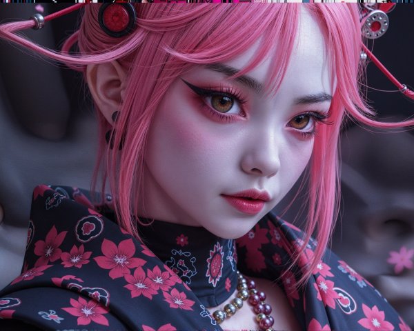 Character Description with Pink Hair and Kimono Details
