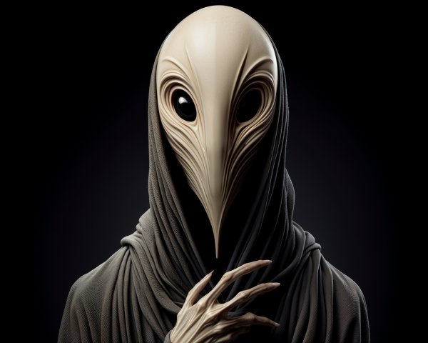 Mysterious Figure in Dark Robe with Alien Features