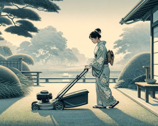Woman in Kimono Mowing Lawn in Japanese Garden