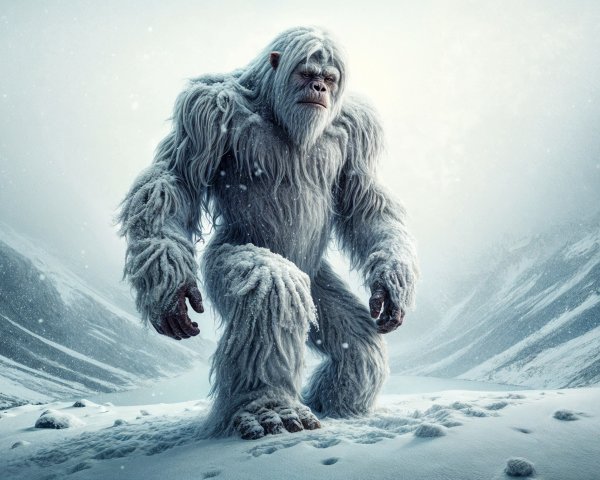 Majestic yeti in snowy mountainous landscape with snowflakes