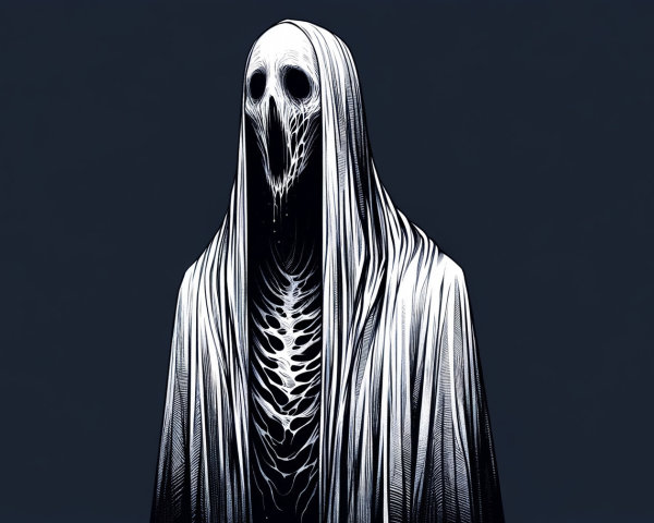Haunting figure in tattered white fabric against blue background