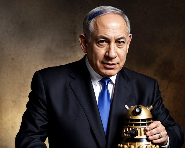 Man in Suit Holding Golden Dalek in Textured Background