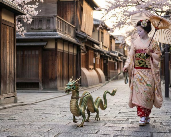 Japanese Woman in Kimono with Dragon on Leash
