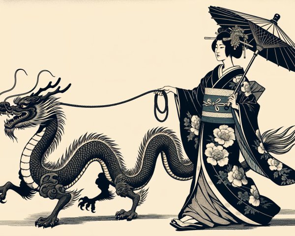 Traditional Illustration of Kimono Figure and Dragon
