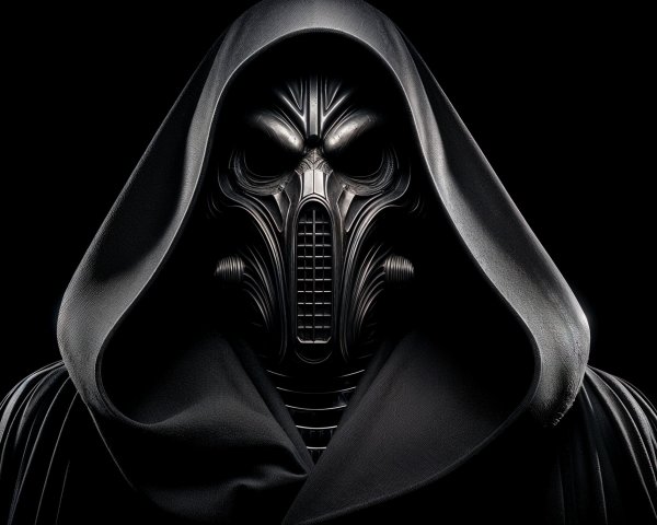 Mysterious Figure in Black Robe and Intricate Mask