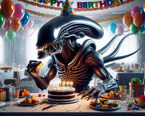 Whimsical Birthday Scene with a Large Creature