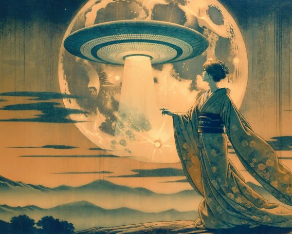 Woman in Kimono Under Moon with Flying Saucer