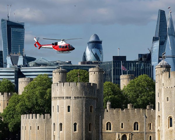 Helicopter Over Tower of London and Modern Skyline