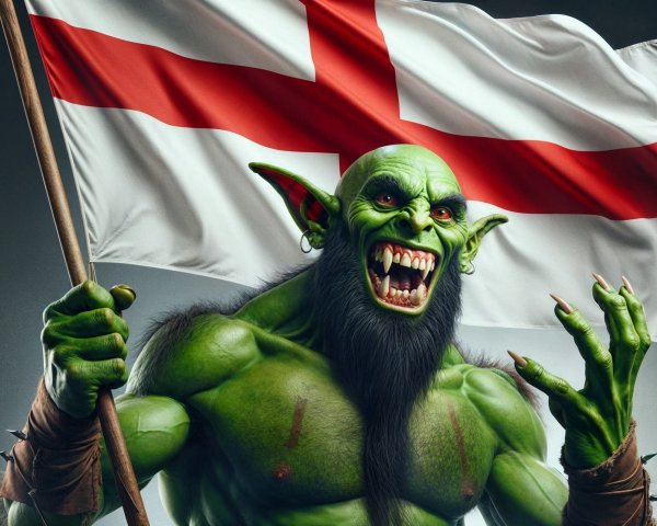 Muscular Green-Skinned Orc with English Flag Symbolism