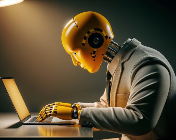 Humanoid Robot in Formal Suit at Laptop Desk