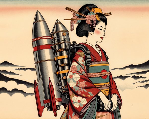 Japanese woman in traditional attire with jetpack