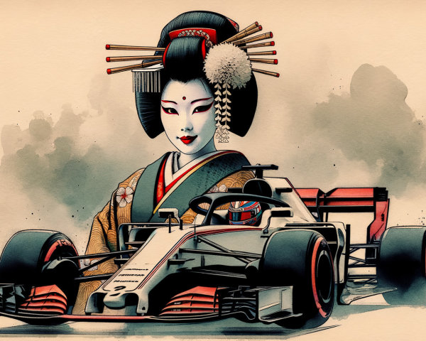 Geisha and Formula 1 Car in Cultural Contrast