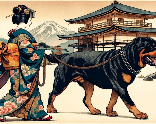 Woman in Kimono Walking Rottweiler by Pagoda