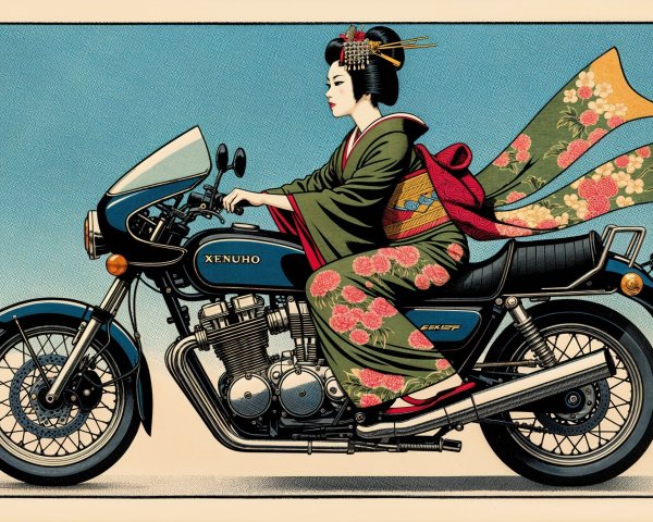 Traditional Japanese Woman in Kimono on Motorcycle