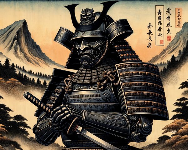 Samurai Warrior in Ornate Armor Against Mountain Landscape