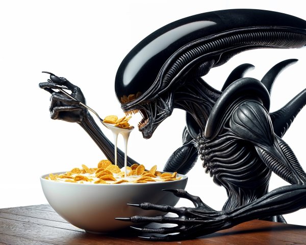 Alien Creature Enjoying Cereal at a Wooden Table