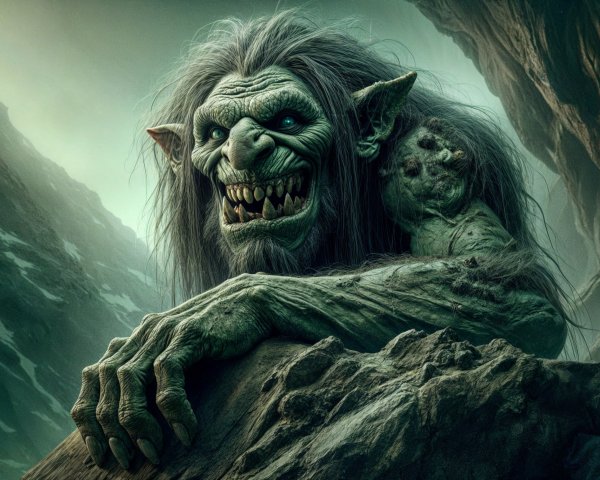 Troll in Rocky Cave with Green Skin and Fierce Expression