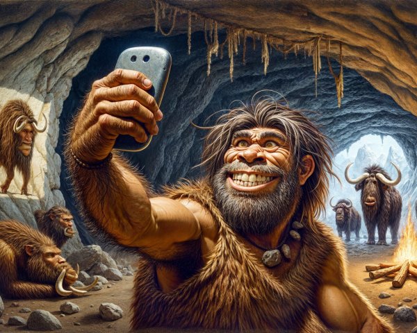Caveman Selfie with Smartphone in Prehistoric Cave